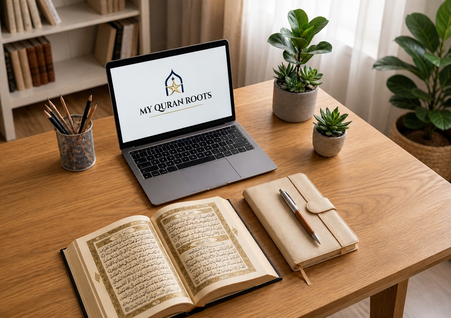 Online Quran learning setup with laptop and books