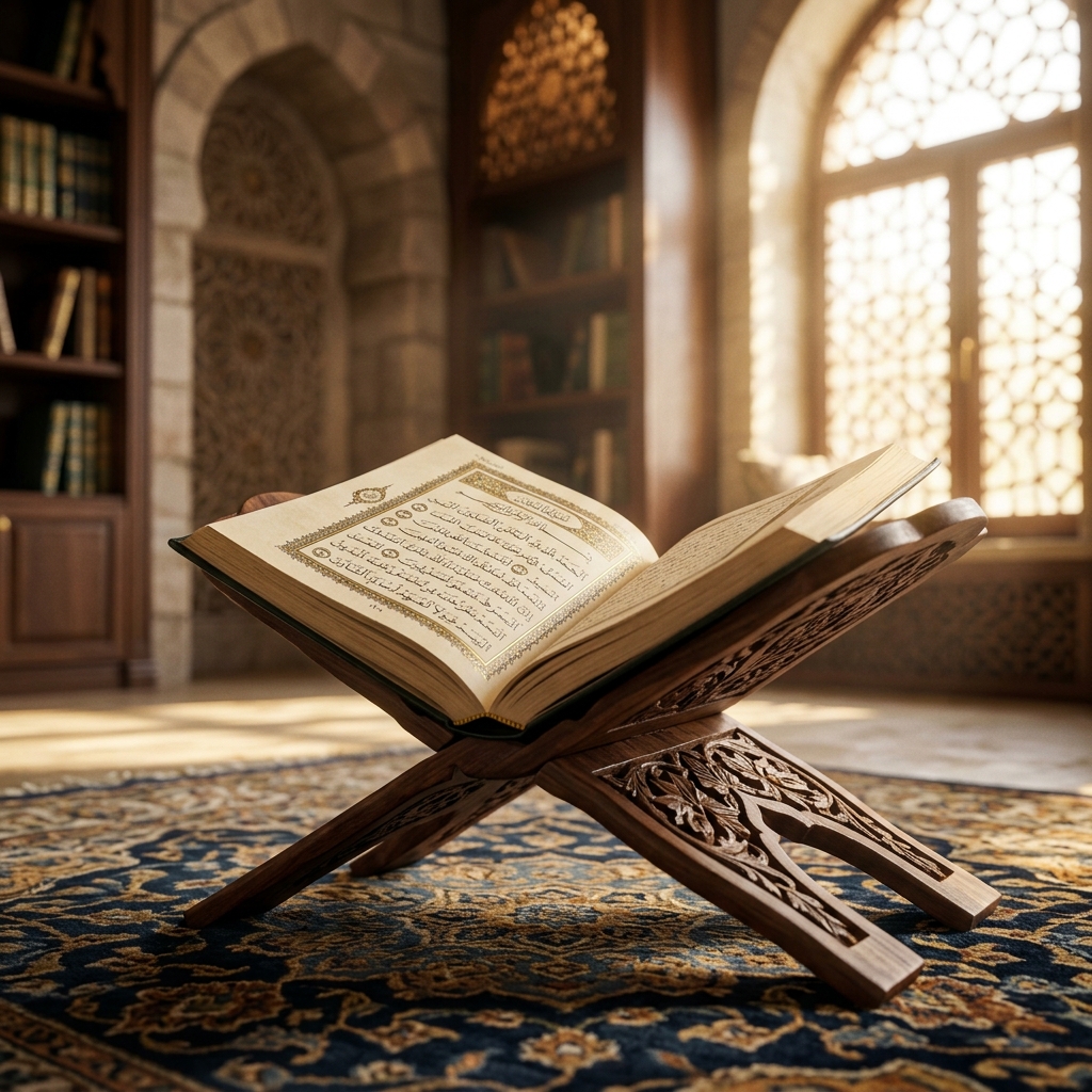 Open Quran on a wooden stand